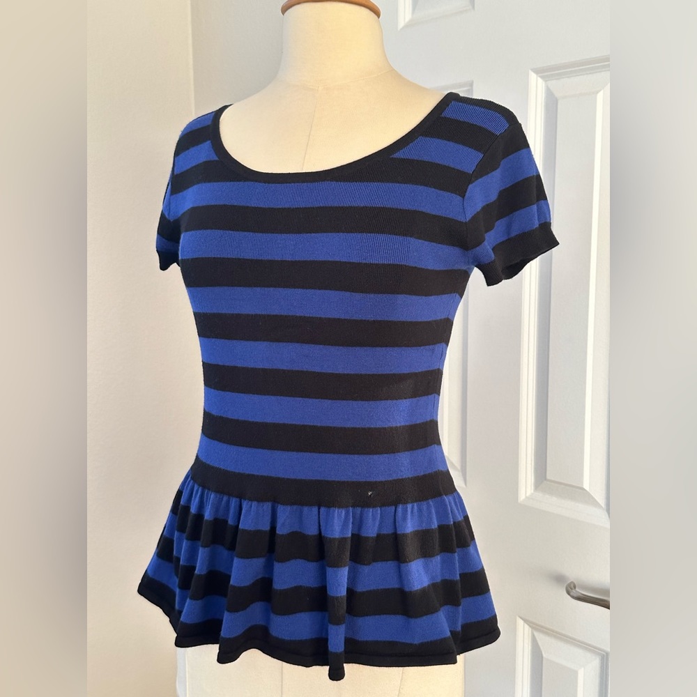 Express full fashioned sweater, shirt sleeves with ruffled peplum.